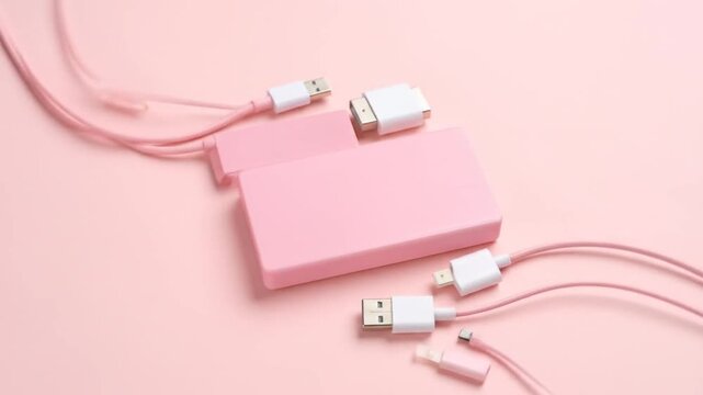 A pink portable power bank and associated cables, with white connectors, arranged on a soft, pastel pink surface. Cables and connectors are spread out