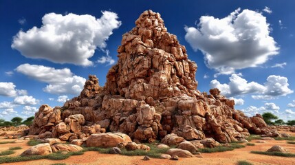 Fototapeta premium A large rocky formation stands prominently in a desert landscape under a bright blue sky with scattered white clouds