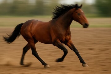 Obraz premium A brown horse gallops with grace on a dusty track