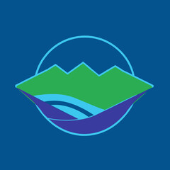 Stylized logo depicting mountains and a river within a circular frame.