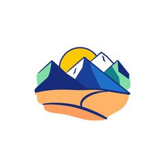 Colorful stylized illustration of mountains, snow, sun, and desert landscape.