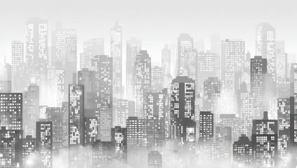 Gray pixelated cityscape, foggy dawn