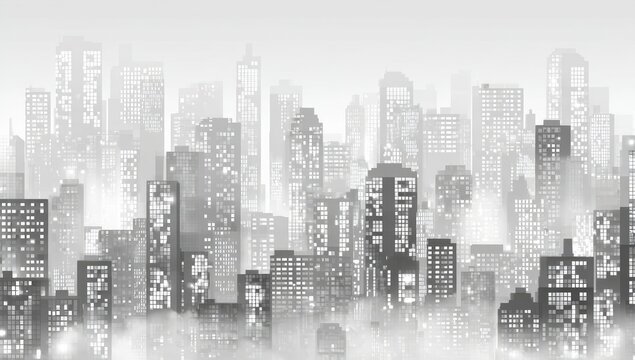 Fototapeta Gray pixelated cityscape, foggy dawn