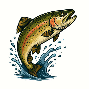 Realistic rainbow trout jumping from water splash. Detailed fishing sport vector.