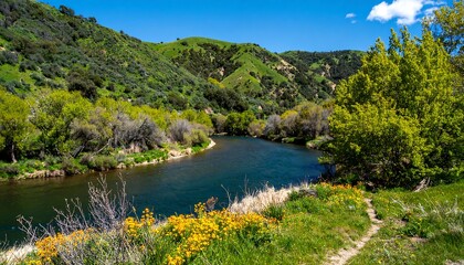 Serene river meandering through a verdant valley, wildflowers in the foreground