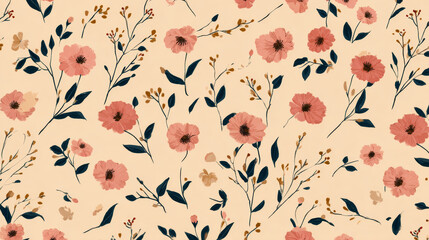 Simple abstract floral seamless pattern. Hand-drawn botanical flowers and leaves. Vector illustration