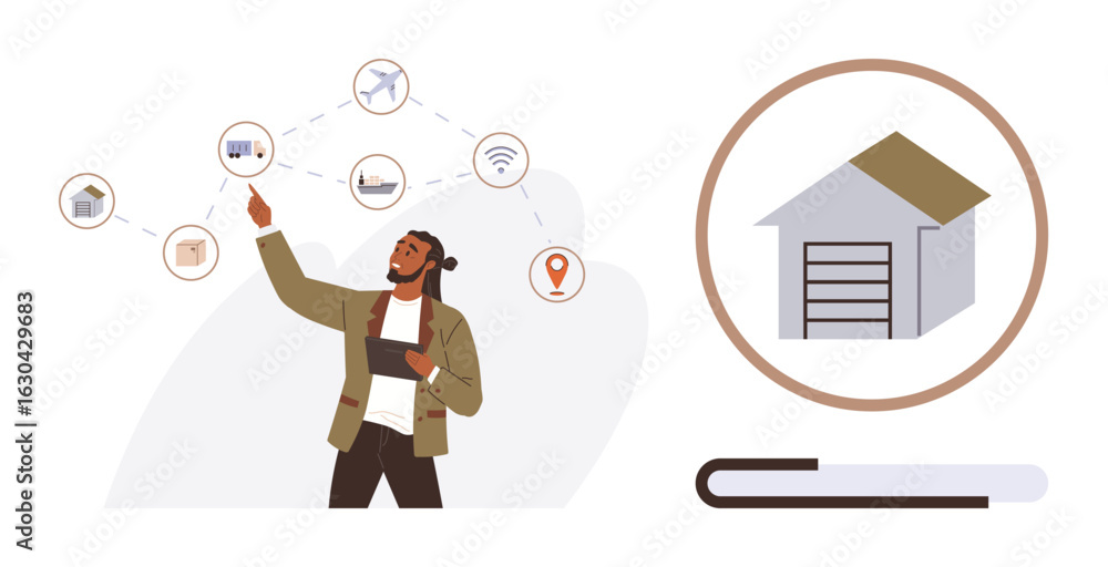 Poster man using a tablet and pointing to connected logistic icons thumbs up home, airplane, map, and wirel