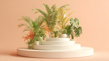 White Product Display Platform with Tropical Plants on Peach Background