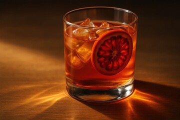 Savor the richness of this cocktail, where a single slice of blood orange adds a touch of vibrant color and a hint of tartness to the smooth amber liquid