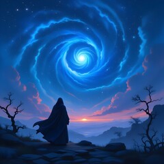 A man stands on a cliff, gazing at a vast galaxy filled with stars and cosmic colors, Generated AI