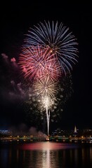 Colorful fireworks display over a city reflecting on the water.