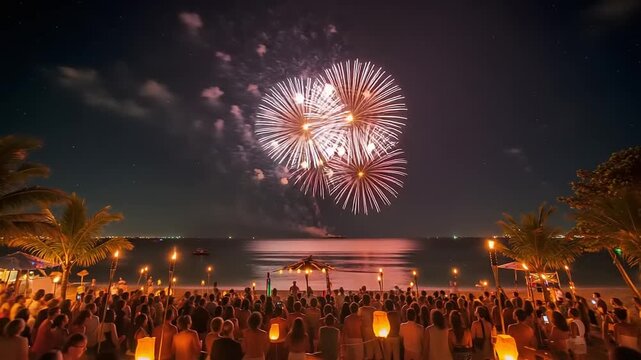 Fireworks display over a beach with people watching