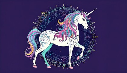 Fototapeta premium A majestic unicorn with a rainbow mane and tail, adorned with intricate patterns, stands within a mystical circular frame against a deep purple backdrop