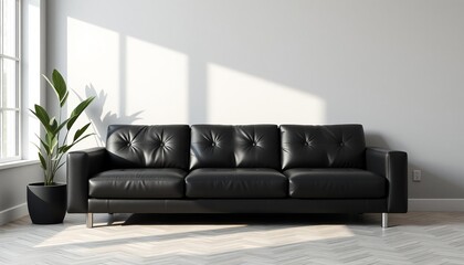 Black leather sofa with plant in sunlit room black sofa