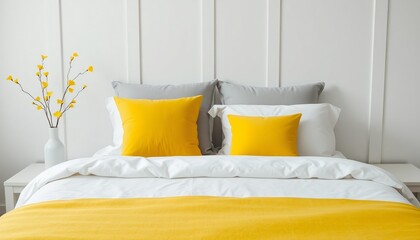 Bright yellow and gray pillows on a white bed with yellow blanket