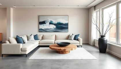 Contemporary living room with sectional sofa and ocean wave artwork