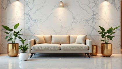 Cream sofa with plants against marble wall couch upholstered furniture