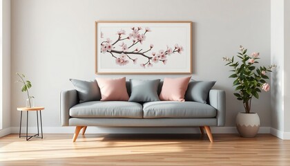 Gray sofa with pink and gray pillows and cherry blossom art