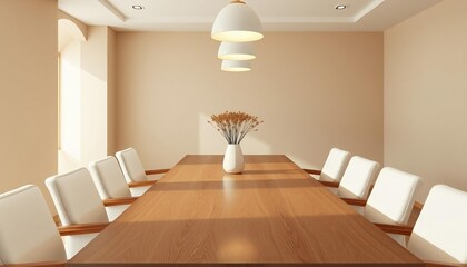 Light beige conference room with wooden table and white chairs