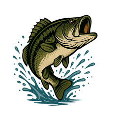 Jumping largemouth bass with water splash. Modern fishing sport mascot vector.