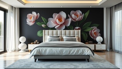 Light pink flowers on dark wall above bed bedroom floral