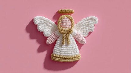 A crochet-style angel patch with simple wings and a halo, made with white and gold yarn, isolated on a solid pastel pink background. With a warm and cozy vibe, Minimalist. 3d illustration.