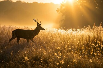 Deer silhouette at sunrise in golden field nature