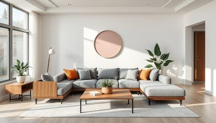 Modern grey sectional sofa with orange pillows and wooden coffee table