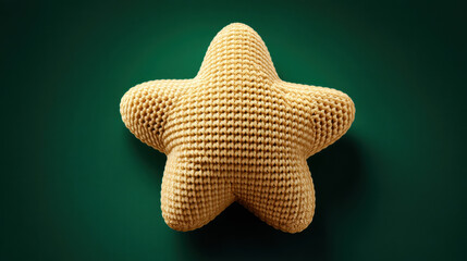 A crochet-style yellow star patch, isolated on a solid dark green background. With a warm and cozy vibe. Minimalist. 3d illustration.