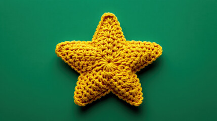 A crochet-style yellow star patch, isolated on a solid dark green background. With a warm and cozy vibe. Minimalist. 3d illustration.