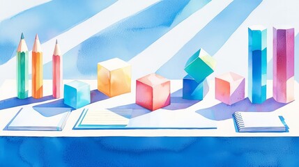 Fototapeta premium Colorful geometric shapes and pencils create a vibrant art scene, perfect for education and creativity concepts.