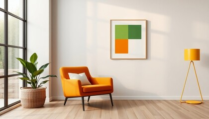 Orange armchair with abstract art and yellow lamp white pillow