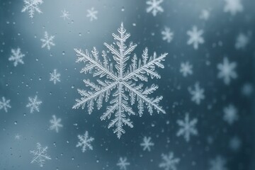 A solitary snowflake stands out against a backdrop of delicate frost patterns, evoking a serene winter wonderland