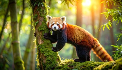 Red panda climbing tree in the lush green forest.