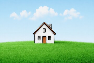 Digital illustration of a charming house standing amidst a vibrant green meadow under a clear blue sky with soft white clouds creating a serene and inviting landscape scene