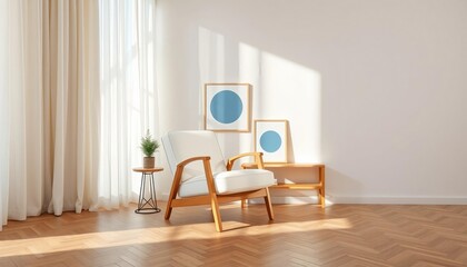 White armchair with blue circle art in sunlit room