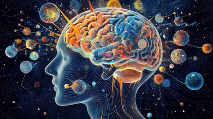Abstract illustration of a human brain connected with vivid cosmic elements, representing creativity and intellect.