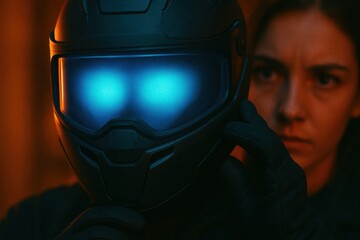 Amidst the glow of blue lights, a solitary figure stands in stark contrast against an orange backdrop, embodying the essence of futuristic warfare and human resilience
