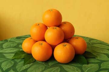 A vibrant pyramid of fresh oranges rests on a bed of green leaves, symbolizing abundance and nature's bounty