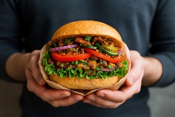Indulge in the freshness of nature with this delicious vegan burger, packed with a variety of vibrant vegetables and a hearty bean patty