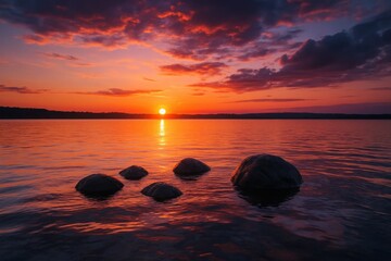A Sunset Over a Serene Lake with Reflective Rocks