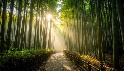 Sunlight Streams Through Bamboo Forest Path