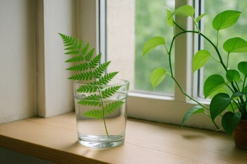 A Fern Leaf in a Glass Vase on a Window Sill