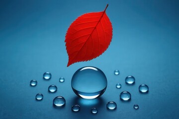 A Red Leaf Rests on a Glistening Water Droplet in a Blue Abyss