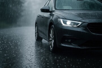 A solitary car braves the relentless rain, its headlights piercing through the downpour