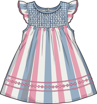Colorful striped baby dress with smocking detail, flutter sleeves, front view CAD flat sketch, vector children&rsquo;s fashion illustration