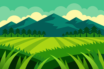 Fototapeta premium Verdant Rice Paddies Stretching Towards Rolling Hills