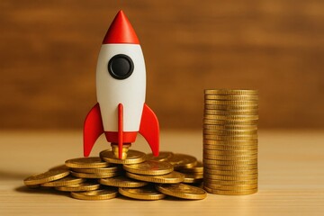 A Rocket Soars Over Piles of Gold Coins