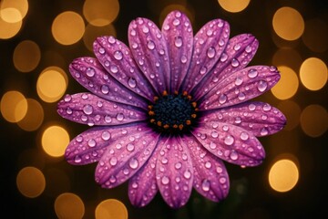 Amidst a backdrop of bokeh lights, a single purple daisy stands out with its dew-kissed petals, capturing the essence of tranquility and natural beauty