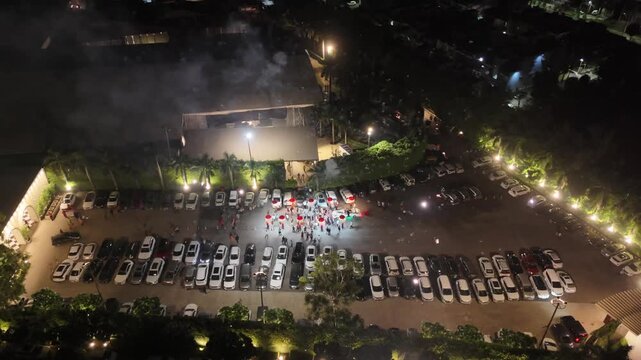 Grand Indian Baraat Drone Shot &ndash; Aerial View of Groom's Wedding Procession with Dhol, Dance, Horses & Fireworks in a Traditional Indian Celebration